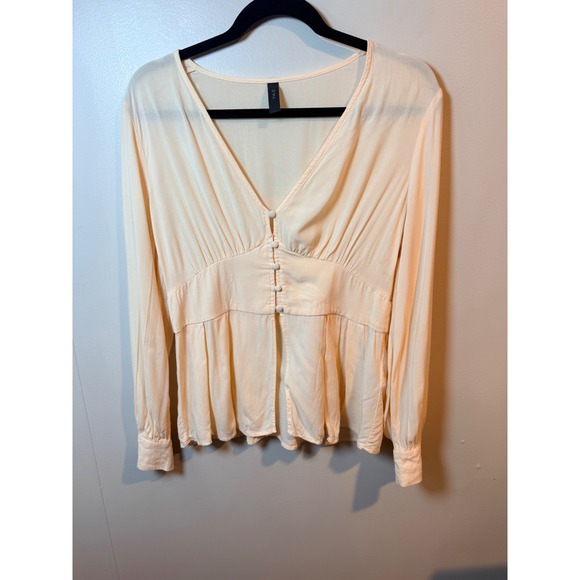 Yas Tops - YAS Cream V Neck Button‎ Cottage Peplum Blouse Long Sleeve Women's Size Large